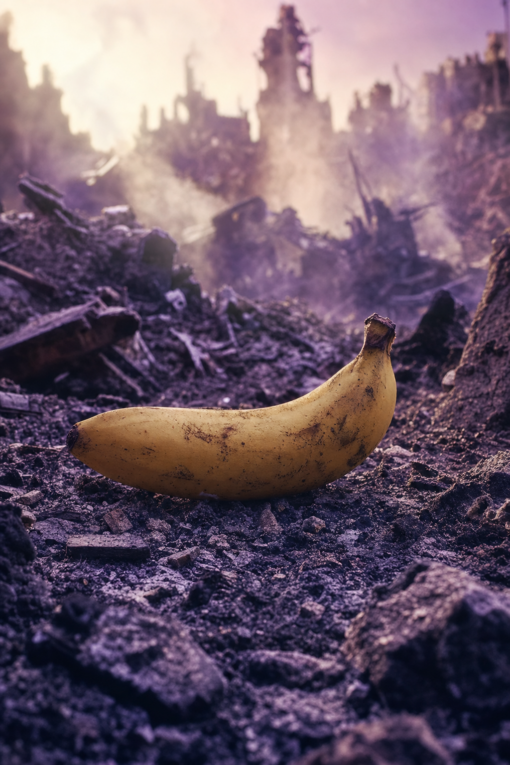 Sur l’écho d’un monde en cendres, une banane survit, éclat de soleil perdu entre ruines et poussière.