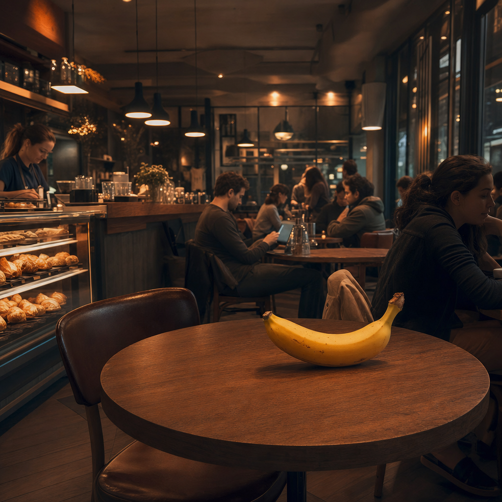 Au milieu des murmures humains, une banane attend son acte, solitaire star d'une scène au goût sucré d'absurde et de silence complice.