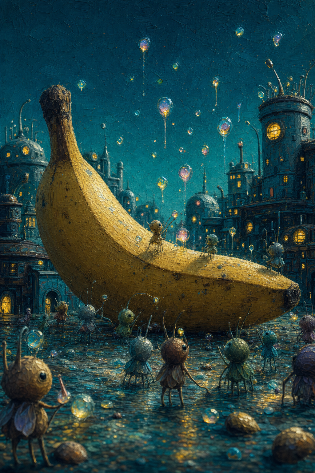 Dans la cité des bulles lumineuses, les petites créatures dansent sur la banane géante, tissant des rêves sucrés sous un ciel étoilé.
