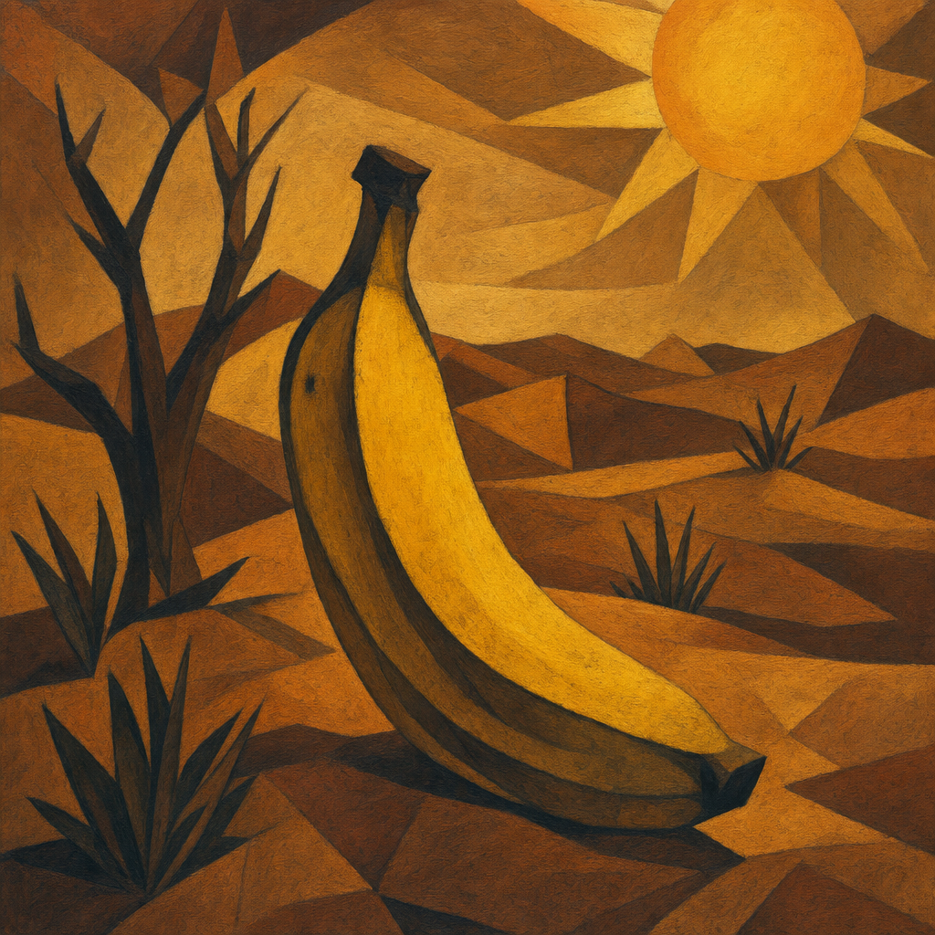 Sous le soleil cubiste, une banane solitaire défie le désert aride, écho jaune d’un mirage fruité en quête d’oasis oubliée.