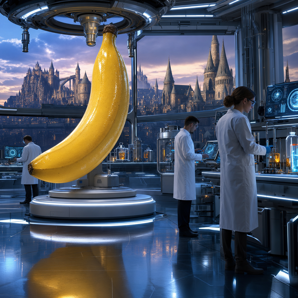 Dans ce laboratoire féerique, une banane géante murmure des secrets d’alchimie, tandis que les savants tracent l’invisible sur écrans enchantés.
