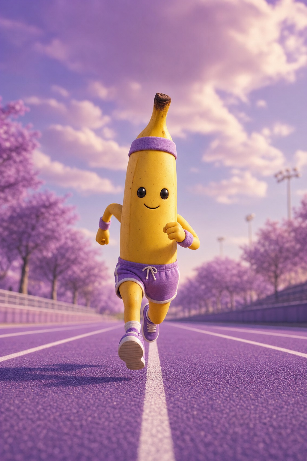 Dans la lumière violette, une banane sprinteuse défie le temps, semant sourires et rêves sur la piste enchantée du possible infini.