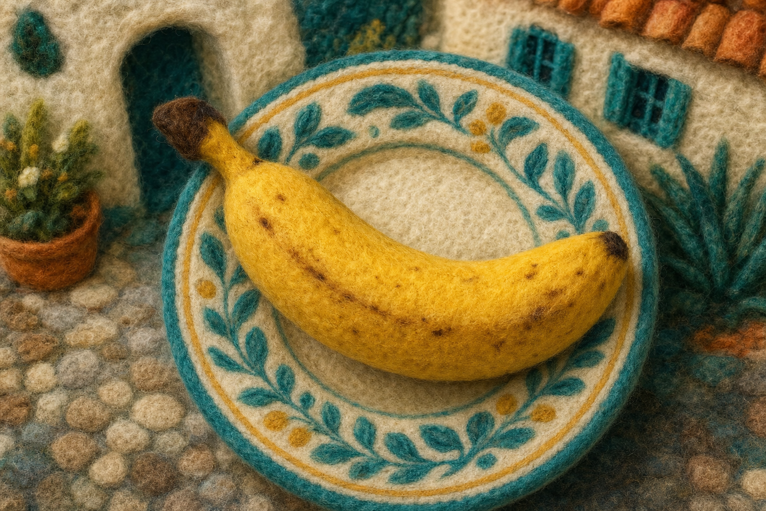 Une banane en laine tissée, douce gourmandise d’un rêve feutré où le fruit rencontre la chaleur d’un village en peluche.