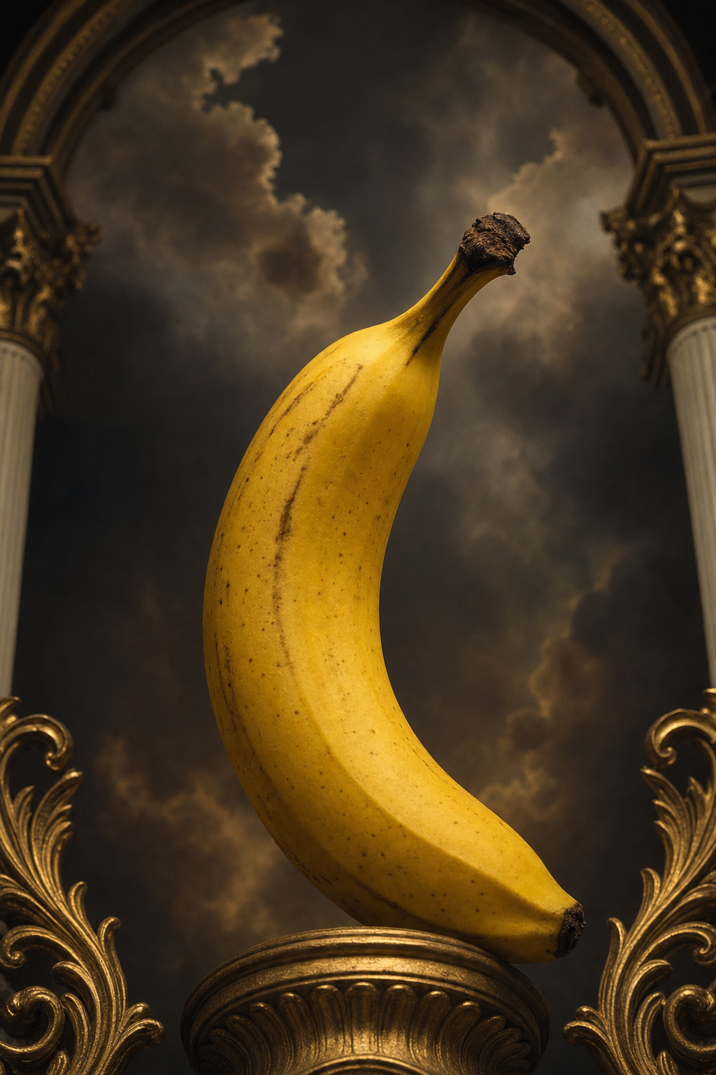 Sur l’autel doré des dieux oubliés, une banane s’élève, humble étoile d’or dans un ciel de marbre et de mystère.