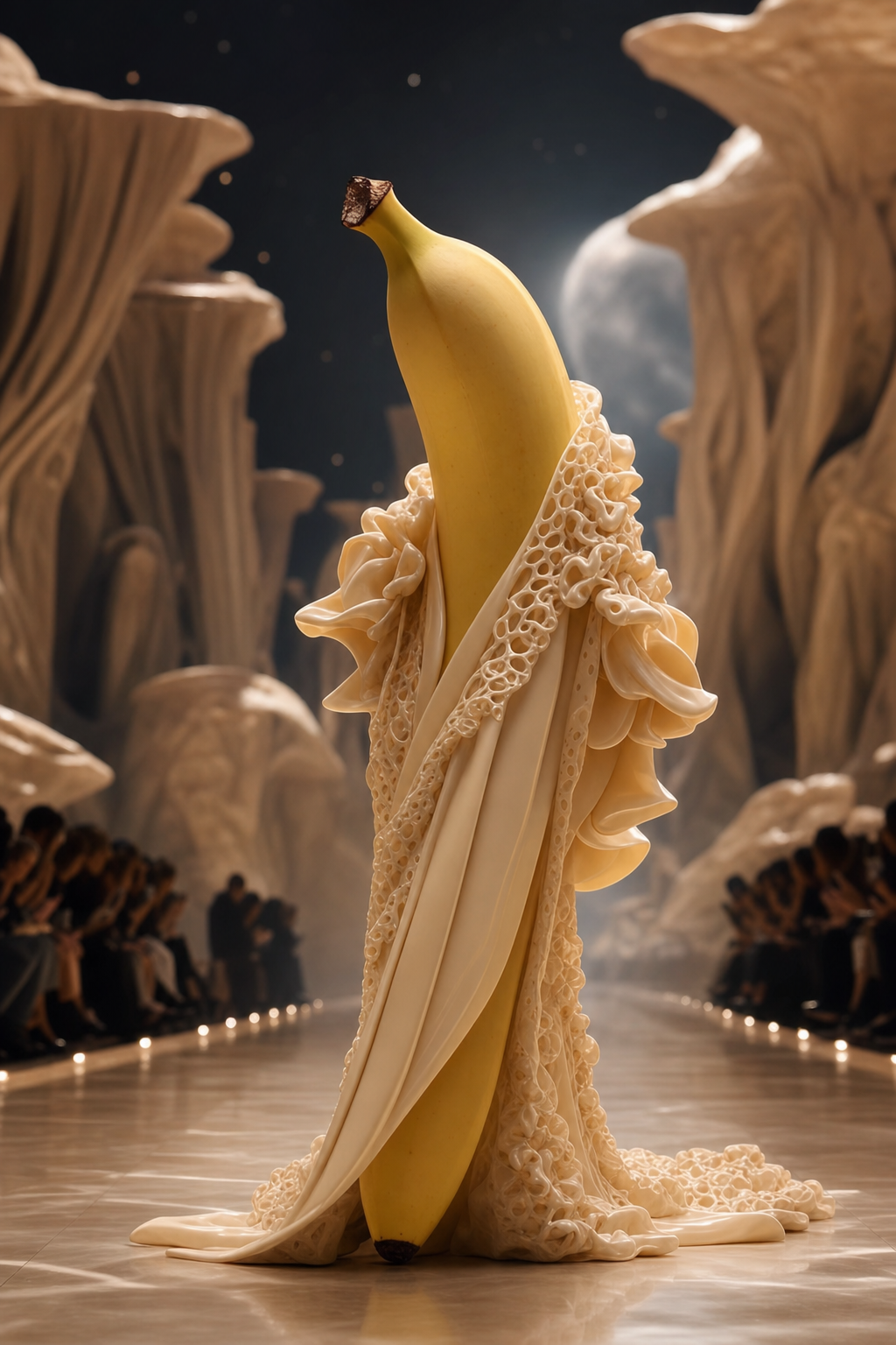 Sous les projecteurs d’une scène surréaliste, une banane défile, parée d’un rêve de dentelle, reine fragile d’un carnaval fruité.