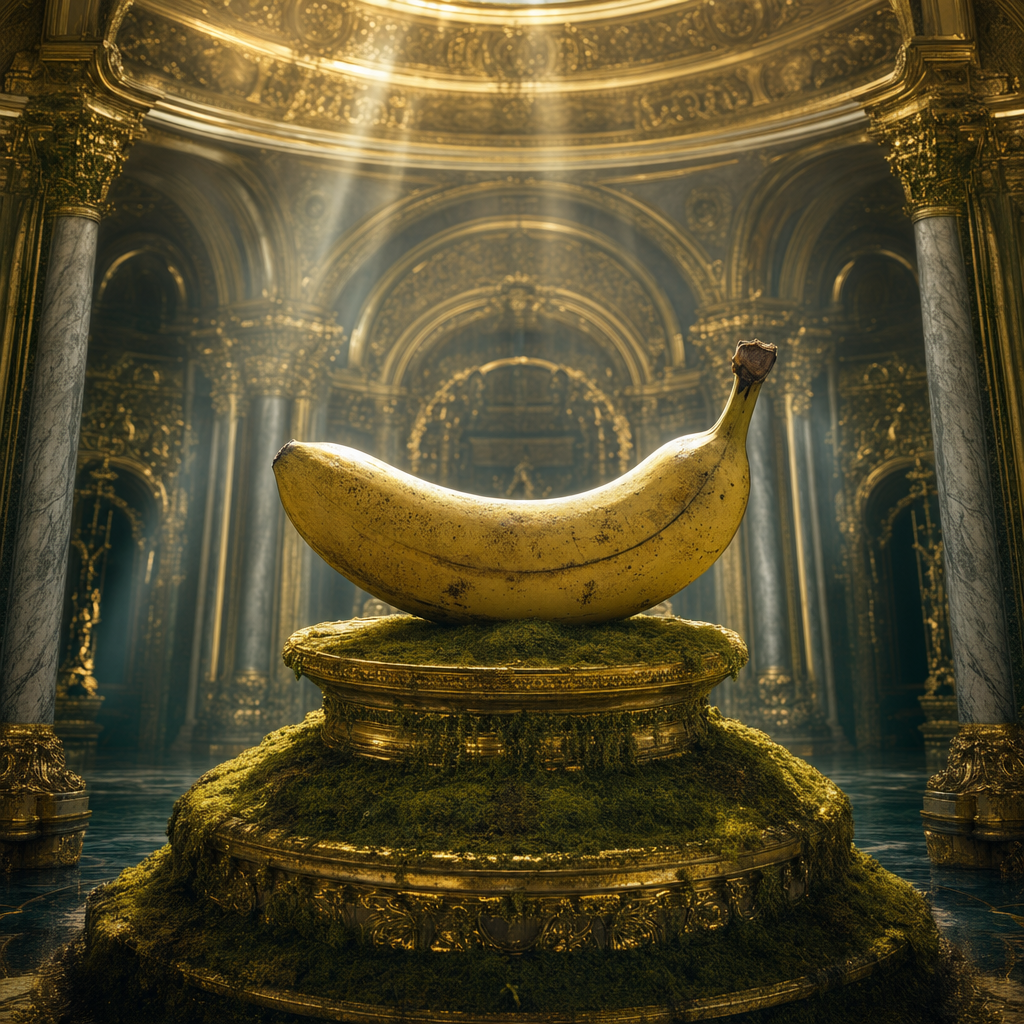 Un trône doré chante la gloire d’une banane, souveraine fruitée sous les rayons célestes d’un palais oublié.