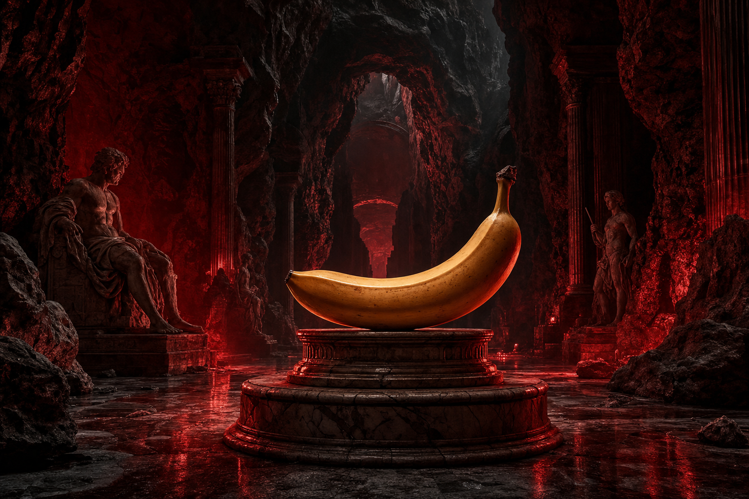 Dans le sanctuaire de marbre, une banane règne, fruit sacré défiant le temps, témoin d’un culte fruité au cœur des ténèbres antiques.