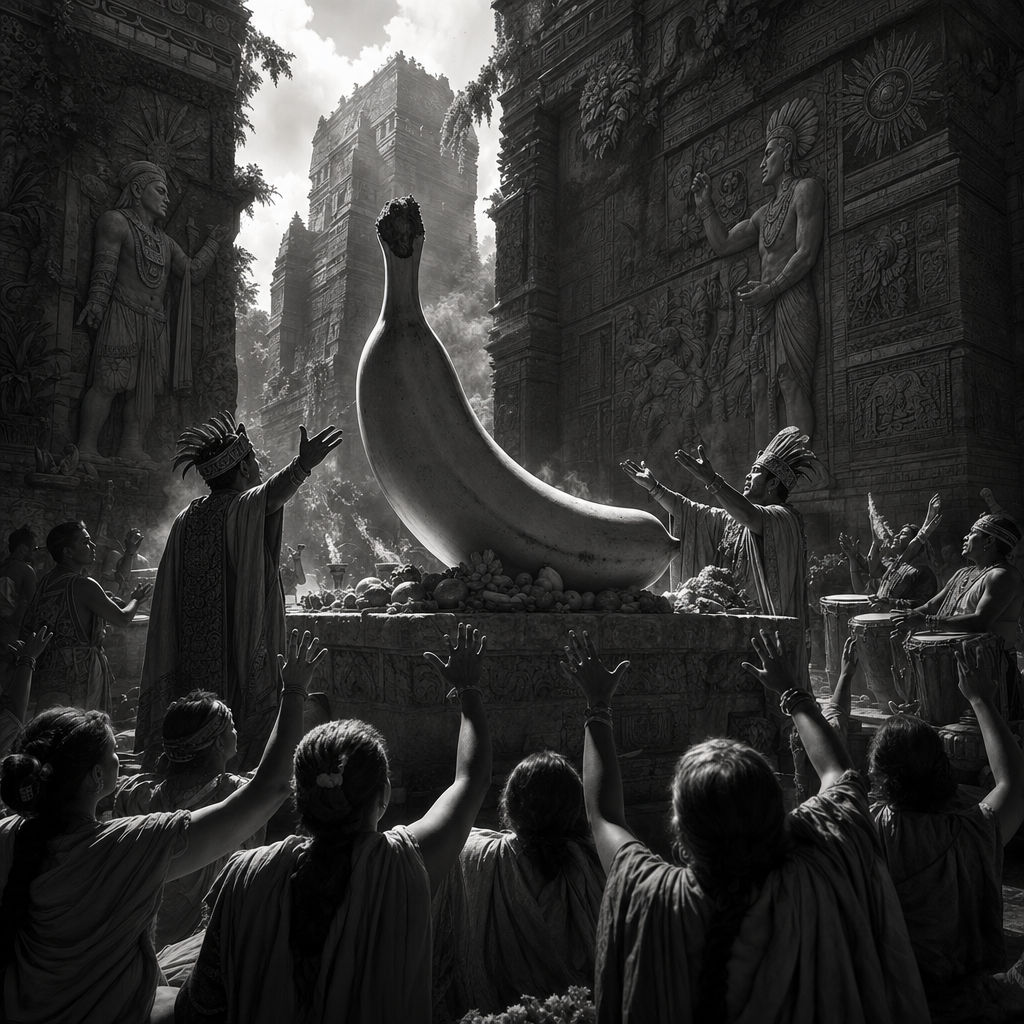 Sous la lumière sacrée, une banane géante devient oracle, et les âmes dansent, priant l’immortelle douceur d’un fruit divin.