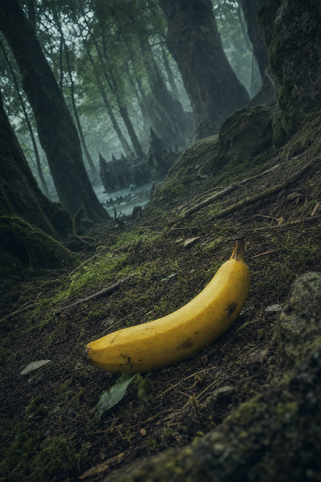 Dans le brouillard enchanté, une banane solitaire murmure des secrets trop mûrs aux racines et au château des ombres tranquilles.