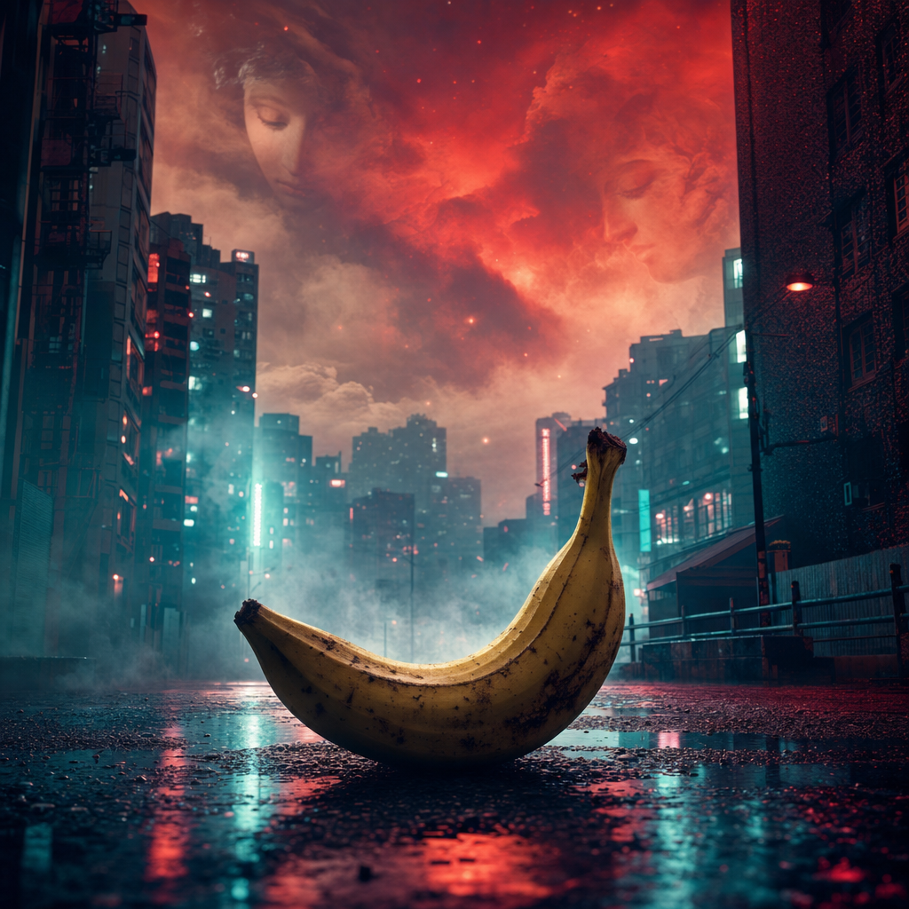 Sous un ciel enflammé, deux esprits veillent, tandis qu’une banane solitaire médite l’absurde dans la ville endormie.