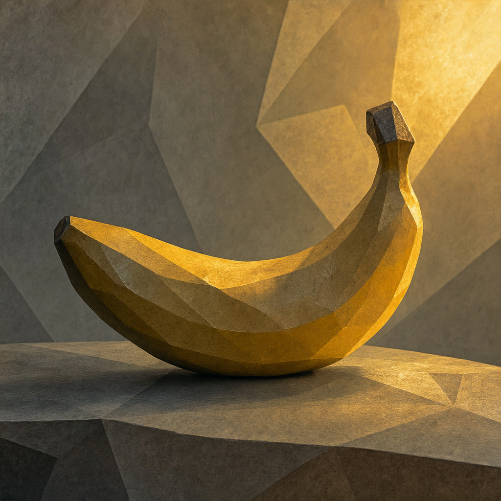 Sous la lumière angulaire, la banane esquisse un poème géométrique, fusion d’ombre et de lumière, danse figée d’un fruit sculpté par le temps.