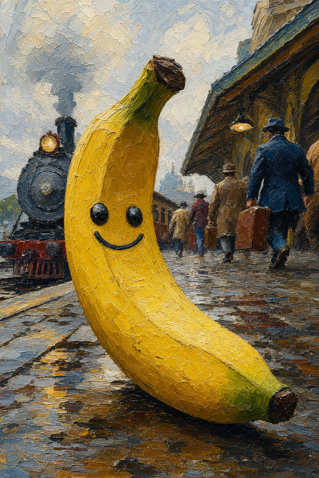 Une banane voyageuse, sourire éclatant, délaisse son palais tropical pour une gare où le mystère fume sous les nuages du destin.