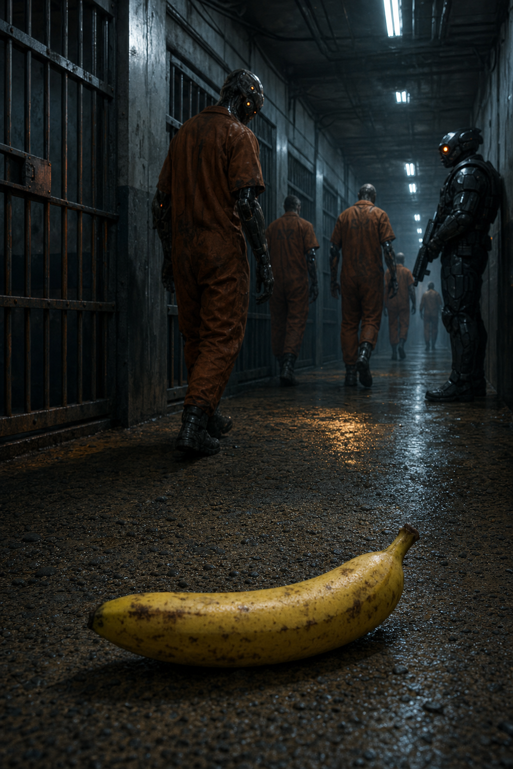 Dans l’ombre métallique, une banane attend, éclat jaune défiant la marche froide des âmes d’acier enchaînées. Un paradoxe croustillant, insolent.