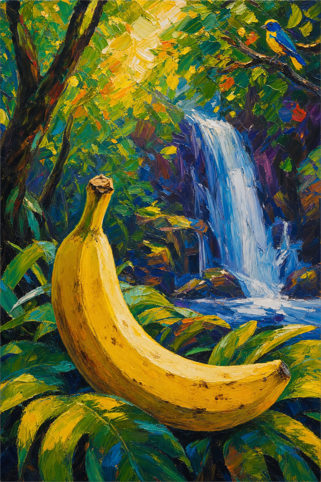 Une banane géante danse sous la cascade, pendant qu’un oiseau bleu fredonne la symphonie de la jungle éclatante.