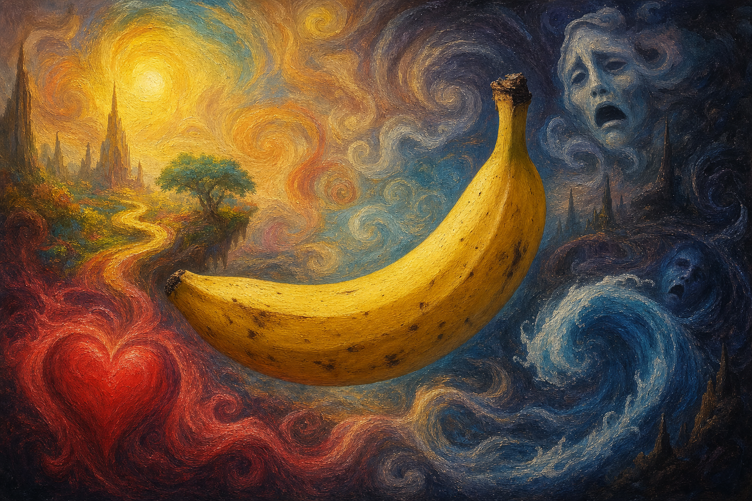 Dans un tourbillon d’émotions, la banane danse, gardienne d’un monde où le cœur brûle et les âmes gémissent sous un ciel en feu.