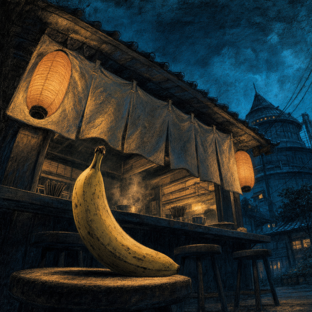 Sous la lune complice, une banane songe à sa destinée, phare doré dans un monde de bois et de lanternes suspendues.