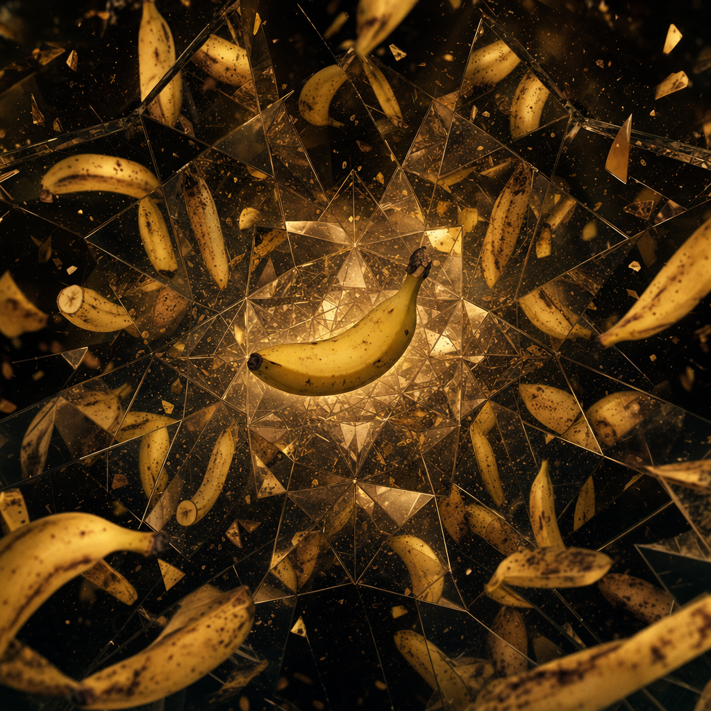 Une banane suspendue dans un kaléidoscope infini, éclatant ses reflets dorés comme une étoile comique déchaînée.