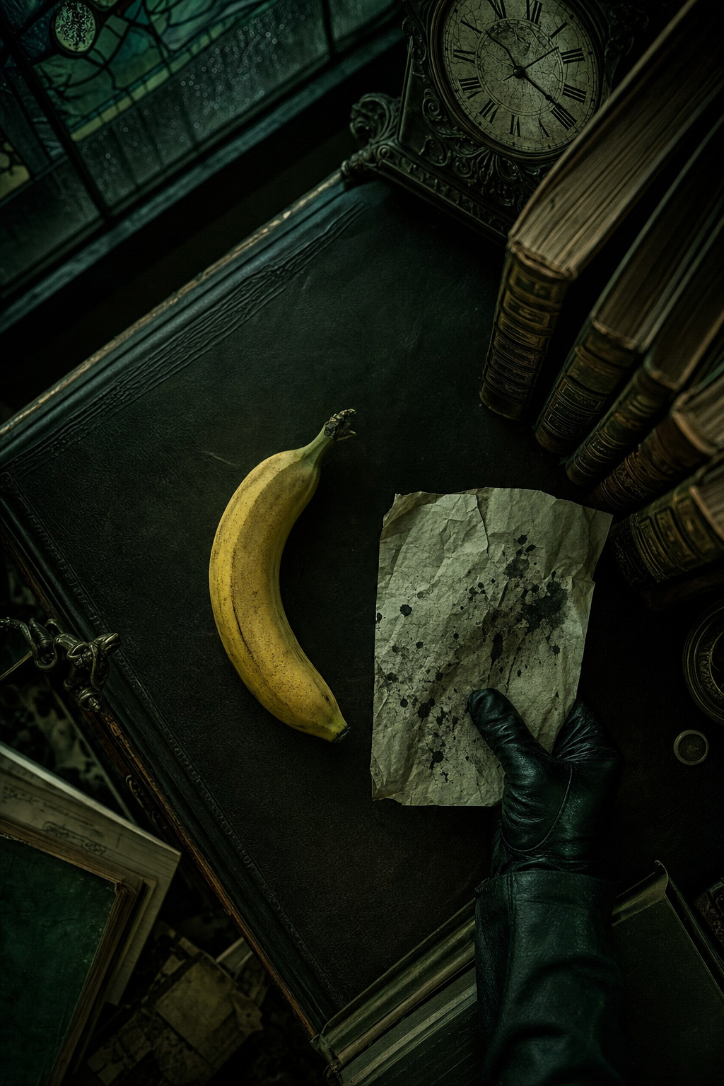 Sous l’horloge figée, un gant noir déchiffre l’encre secrète, tandis qu’une banane fuit l’ombre des vieux grimoires oubliés.