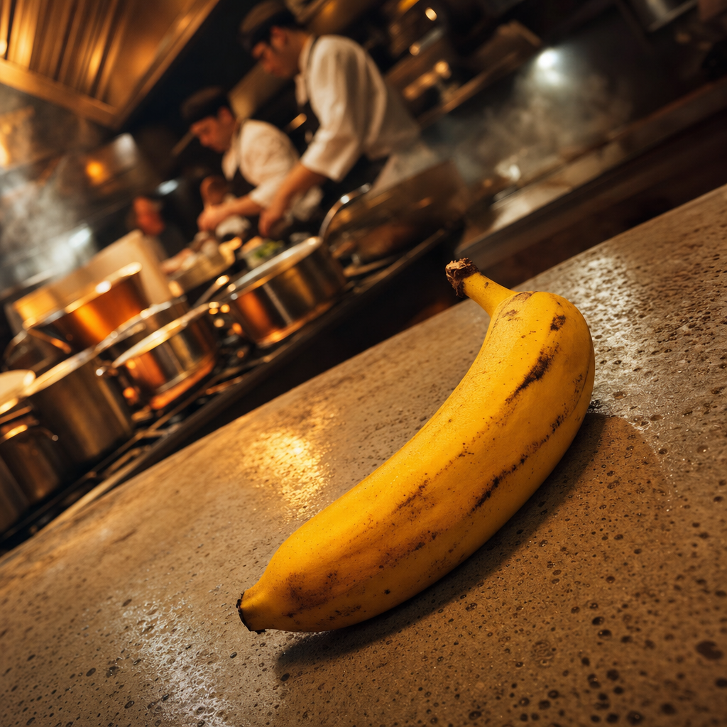 Dans la fournaise des flammes, une banane brave le tumulte, étoile jaune dans la nuit des marmites en ébullition.