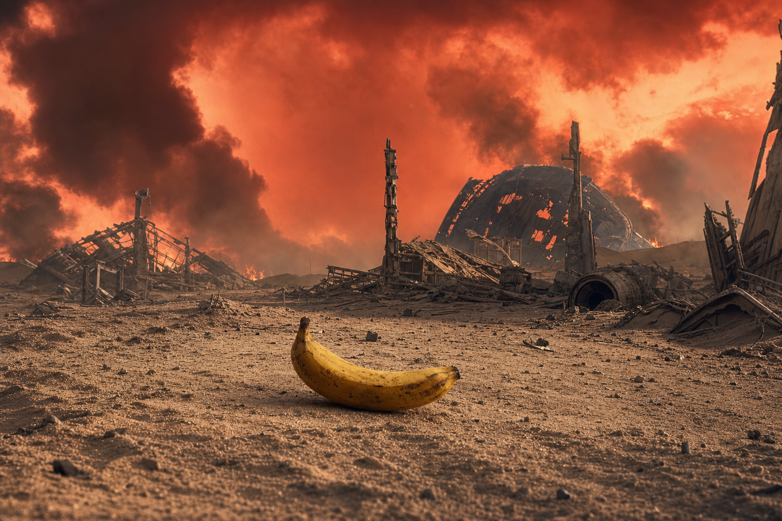 Une banane solitaire, éclat frais dans un désert de cendres, défiant le brasier final d’un monde qui s’efface en silence.