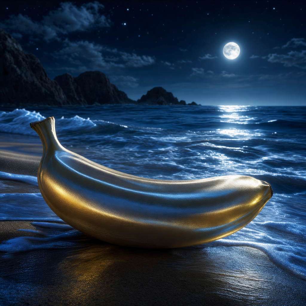 Sous la lune argentée, une banane dorée rêve d'océan, échapée d'un conte surréaliste où les fruits deviennent trésors des nuits marines.