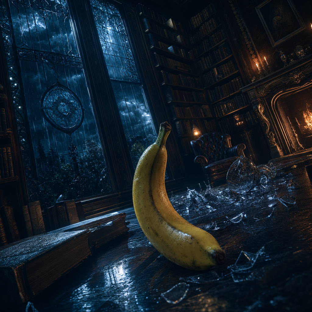 Dans ce sanctuaire de sagesse, une banane brave la nuit orageuse, témoin silencieux d’un chaos de verre sous un ciel en larmes.