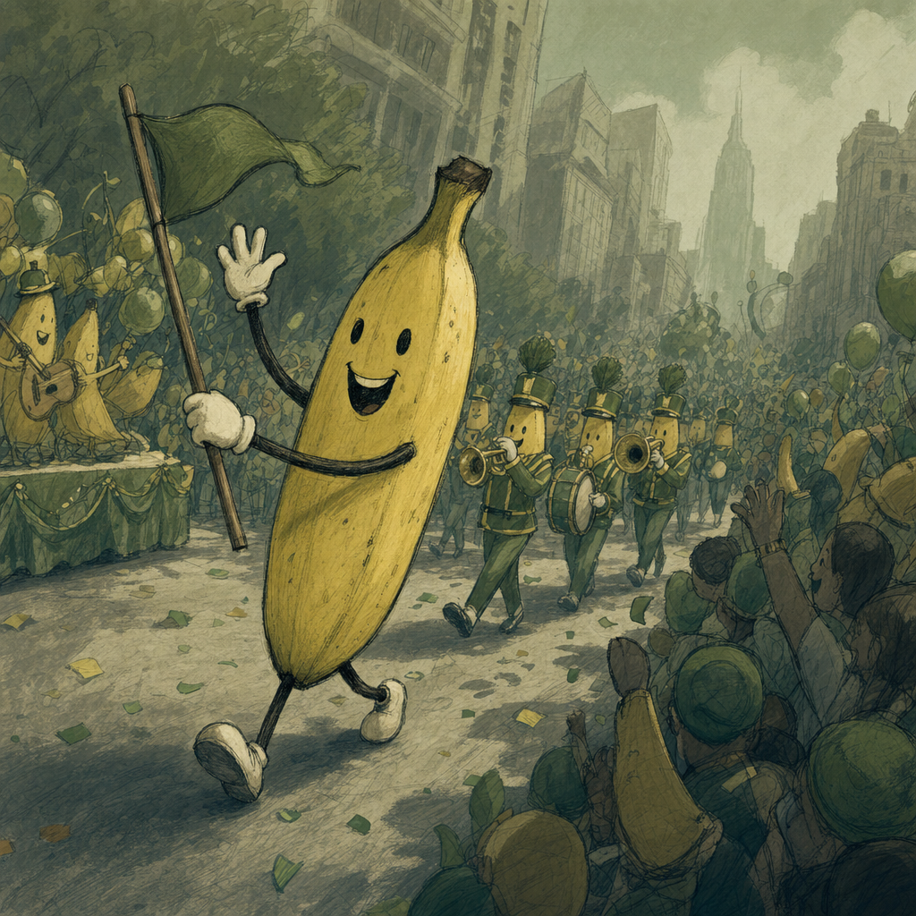 Sous les cris joyeux, la banane danse en fanfare, courant le bitume d’un rêve fruité dans une ville vêtue de vert.