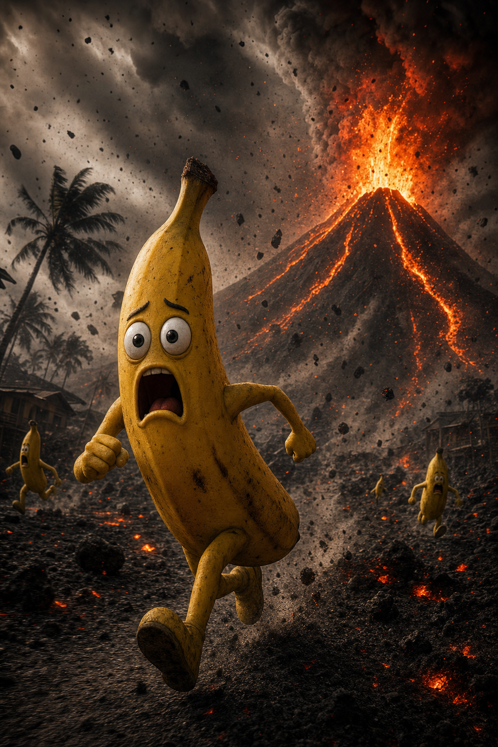 Quand la nature fait la grimace, même les bananes paniquent et courent, évadées d’un rêve en fusion brûlant l’horizon.