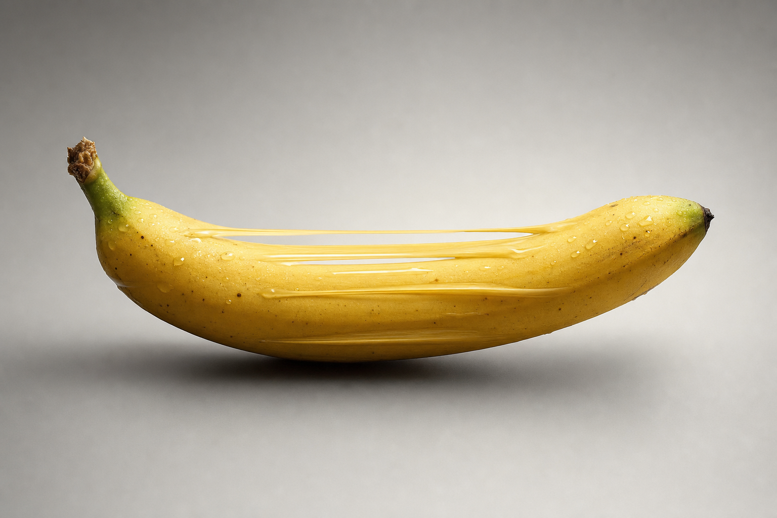 Une banane suspendue entre deux mondes, élastique et douce, défiant la gravité avec un soupçon de sève lumineuse.