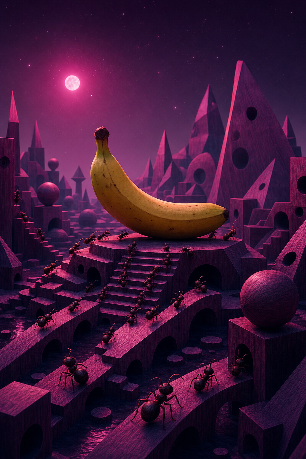 Sous une lune rose hypnotique, une cité d’ombres et de rêves s’éveille, où fourmis bâtissent un empire autour d’un bananier sacré.