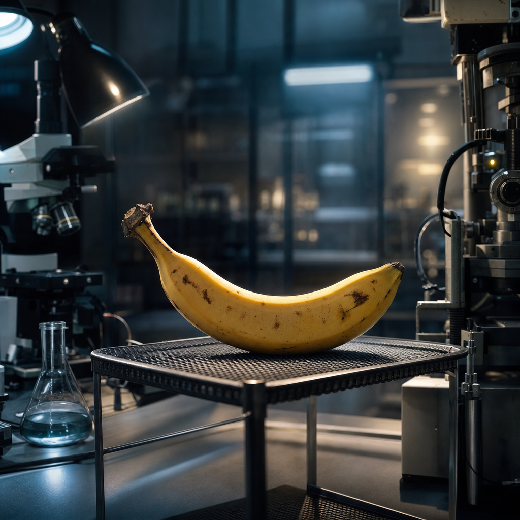 Sous l’œil scrutateur des machines, la banane rêve d’une révolution douce, prête à défier l’ADN pour danser dans l’infini chimique.