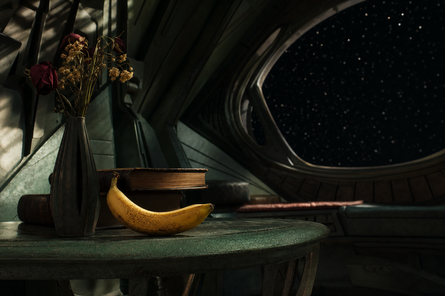 Un coin de rêverie spatiale, où la banane flâne entre roses fanées et récits d’antan, sous un ciel constellé de mystères silencieux.