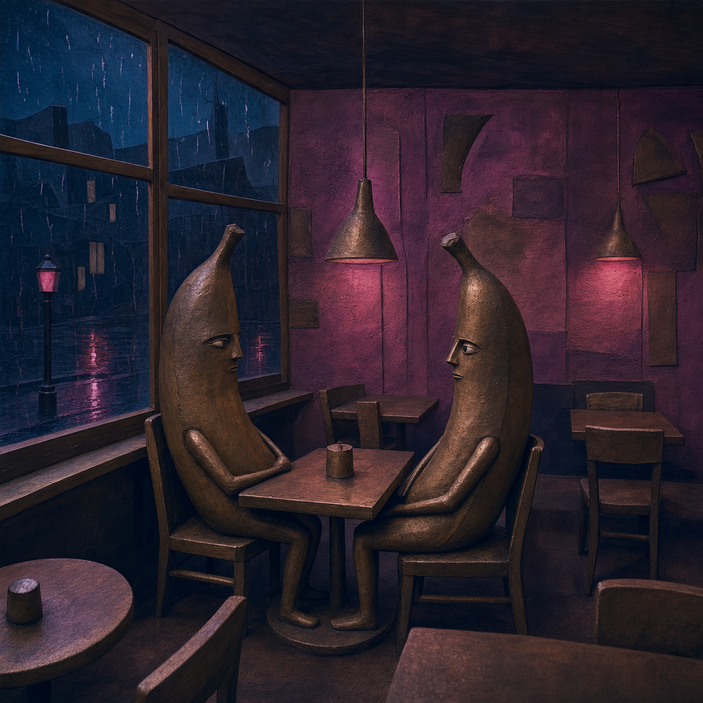 Sous la pluie mélancolique, deux bananes méditent le mystère du fruit défendu dans un café suspendu entre rêve et réalité.