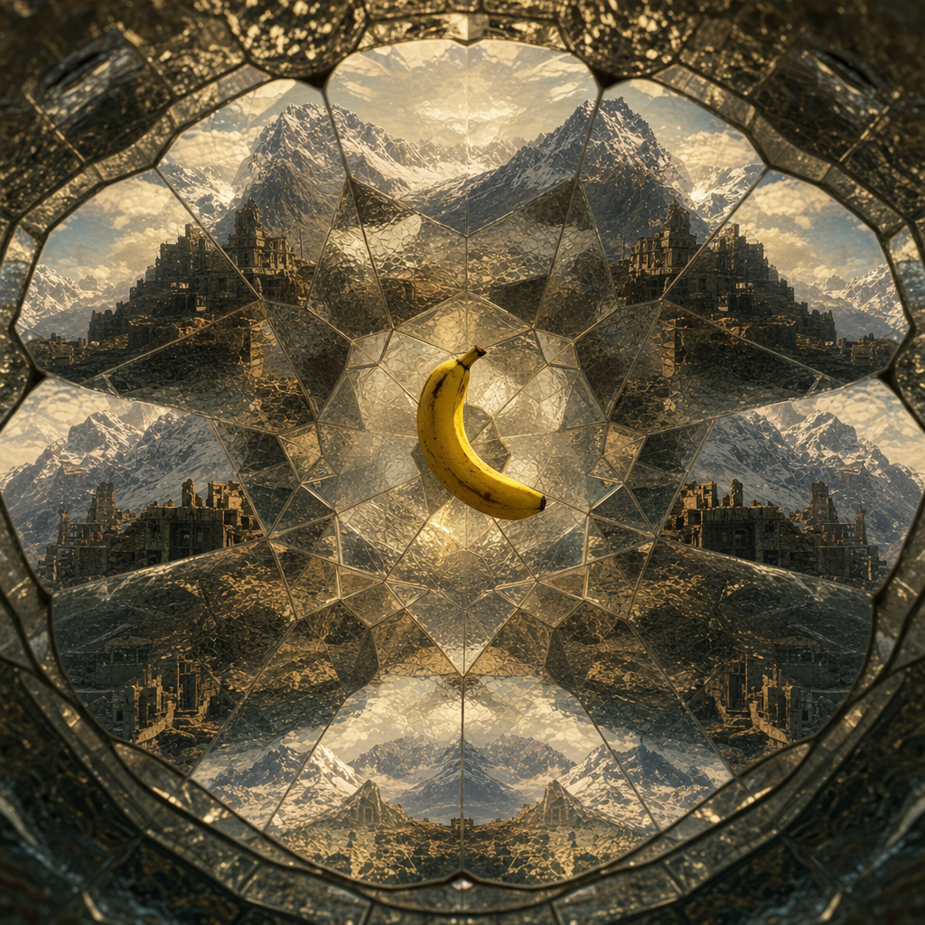 Une banane suspendue, gardienne dorée d’un royaume fractal où montagnes et châteaux dansent en écho infini.