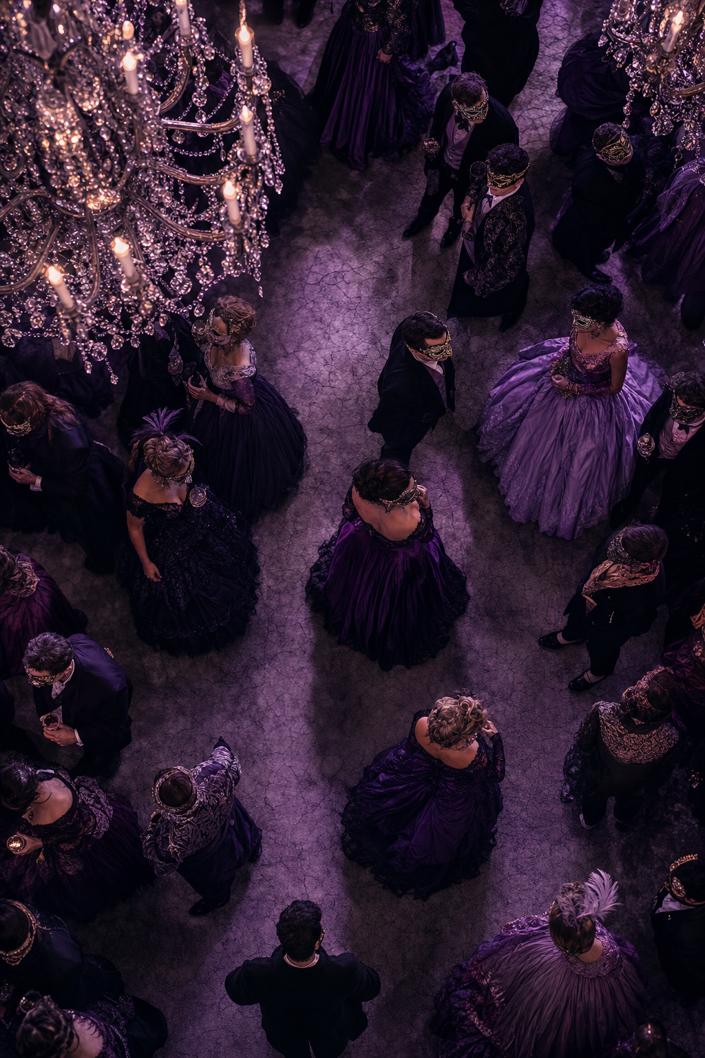 Sous le cristal scintillant, des ombres masquées valsent, secrets murmurés dans les replis de velours violet, où le mystère danse avec la lumière.