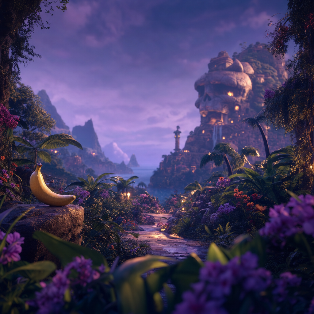 Sous un ciel violet, une banane veille, gardienne silencieuse d’un royaume où une tête de pierre murmure des secrets oubliés.