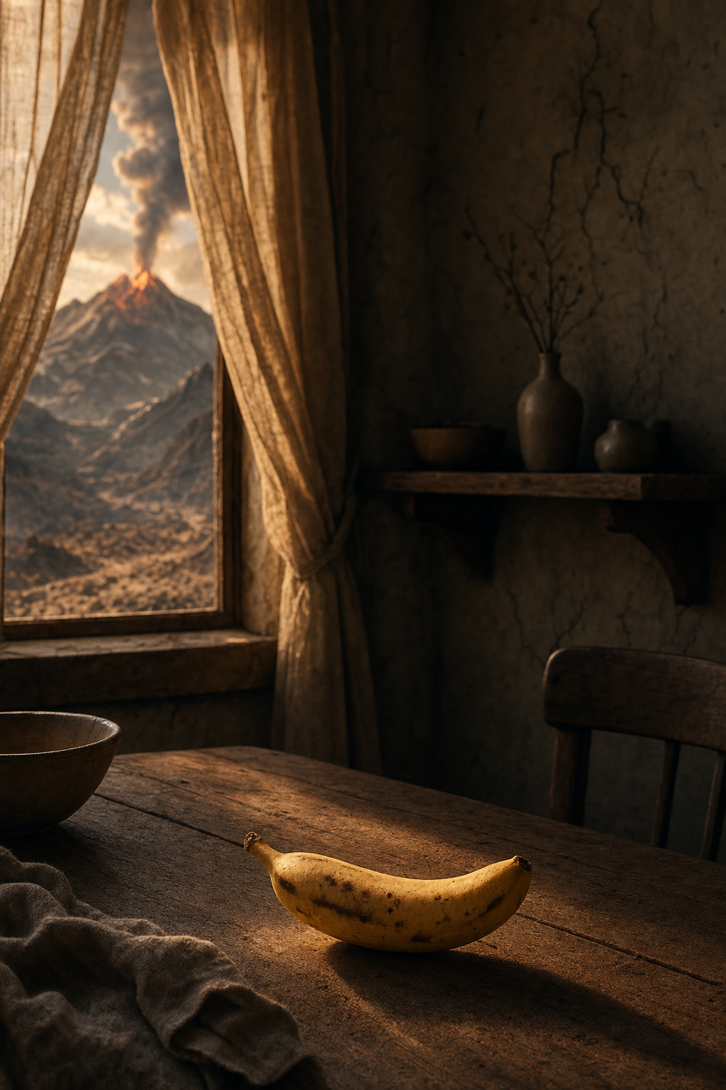Sous le voile du temps, une banane brave l’éruption silencieuse d’un volcan en colère, tandis que la lumière danse sur l’ombre d’une tempête imminente.