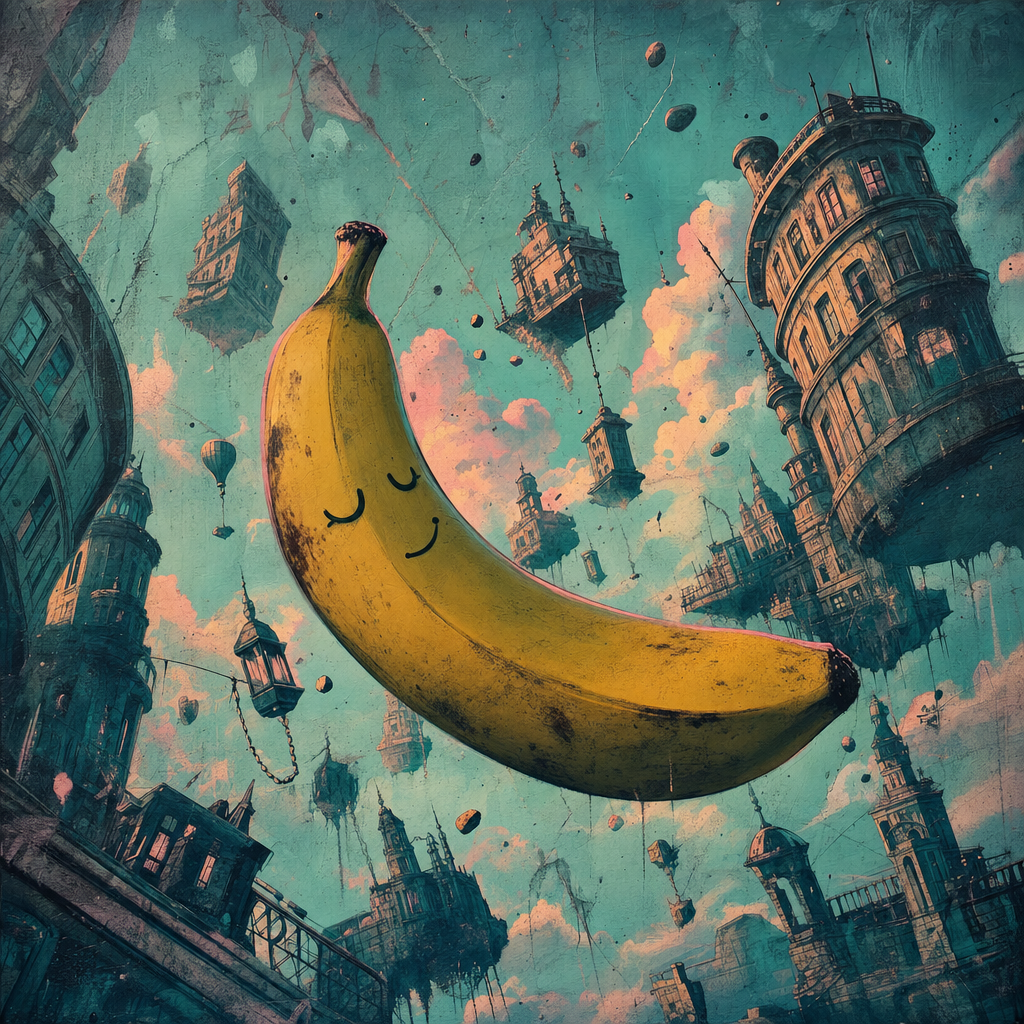 Une banane rêveuse flotte, gardienne tranquille d’un ciel où châteaux et lanternes dansent sans gravité ni raison.