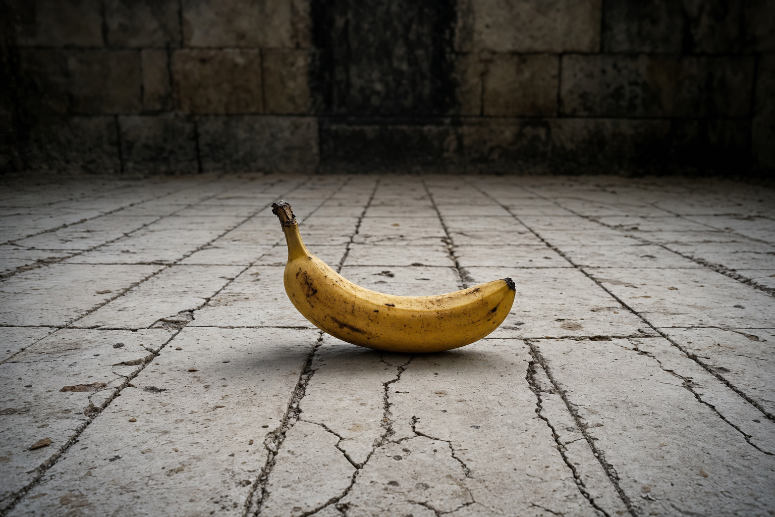 Une banane solitaire, éclat de soleil perdu dans l’ombre d’un temple de pierres fissurées, murmure d’un monde décalé et surréaliste.