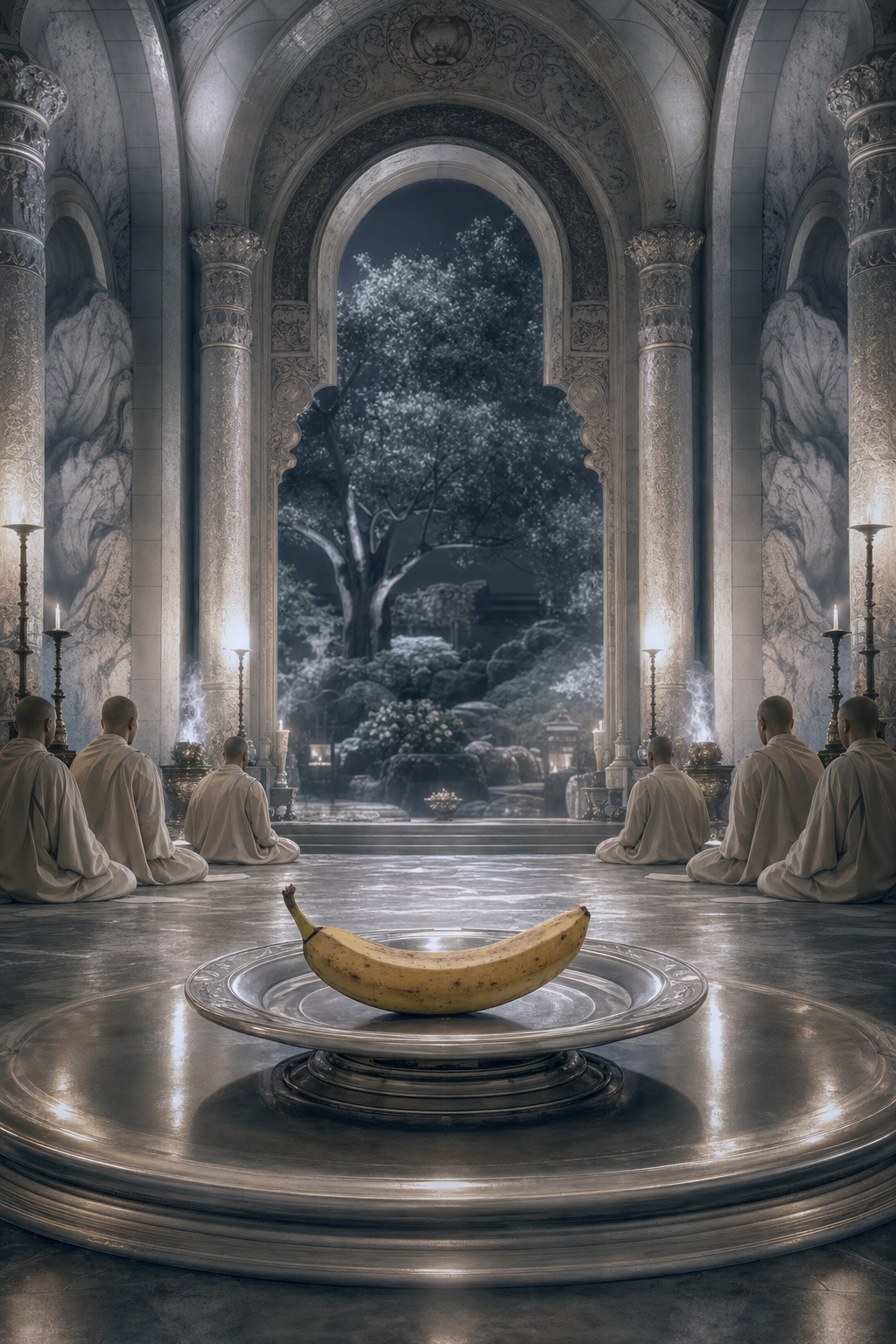 Sous l’arche sacrée, une humble banane règne, méditant parmi les sages, fruit d’un zen inattendu dans le temple du silence éternel.