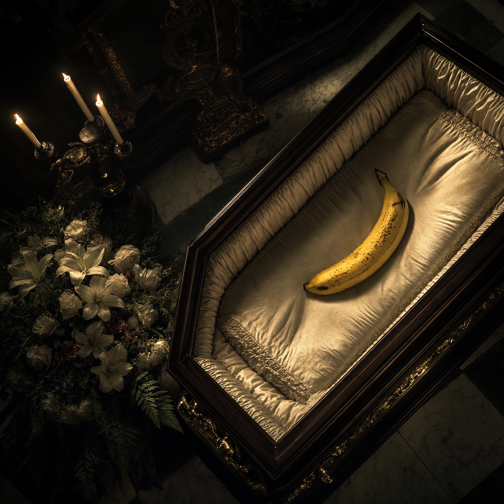 Dans un lit de satin, repose une banane fanée, dernière muse d’un poète oublié, entre lumières vacillantes et ombres éternelles.