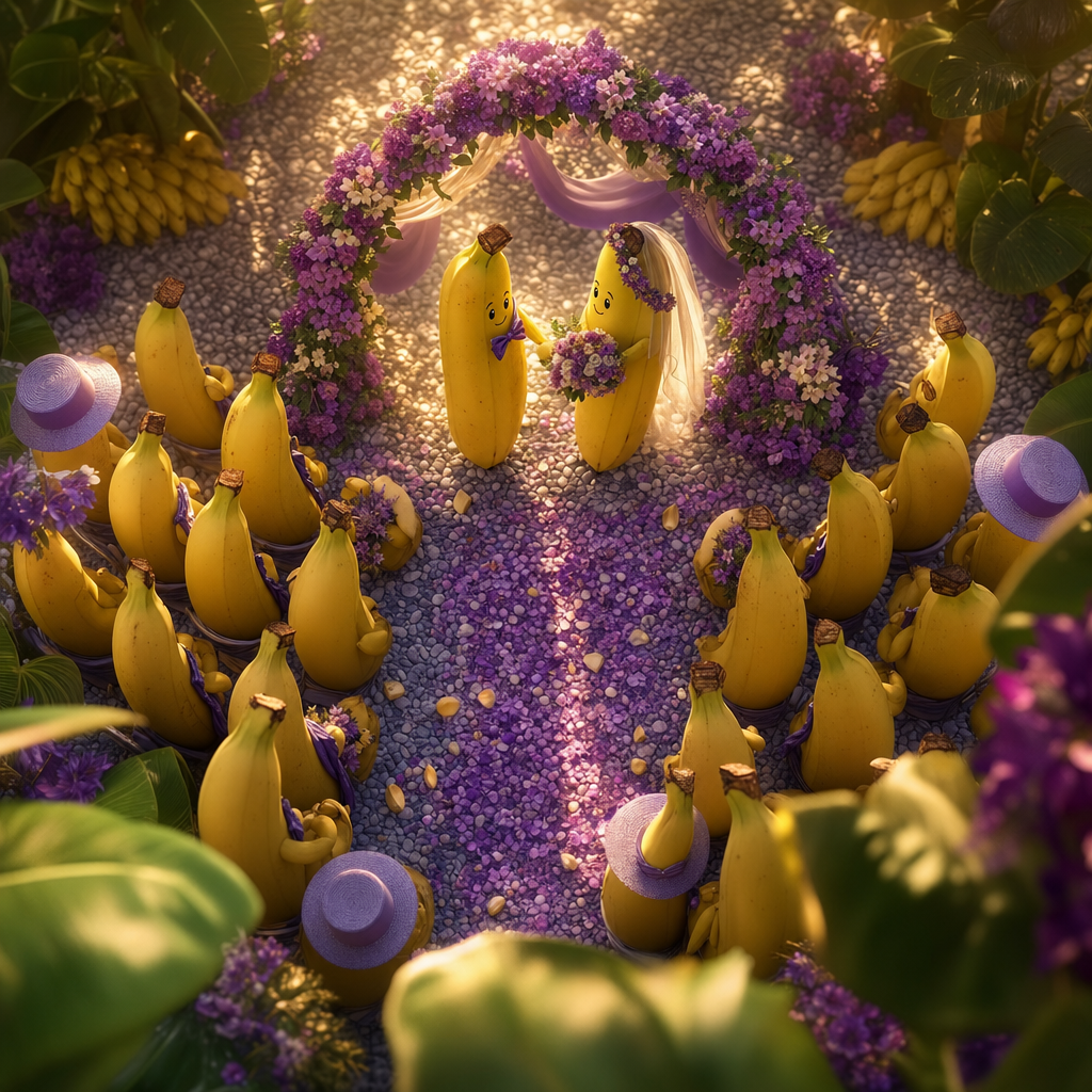 Sous l’arche florale, deux bananes s’unissent, tandis que leurs amis, chapeautés de lavande, applaudissent en douce révérence sous un soleil complice.