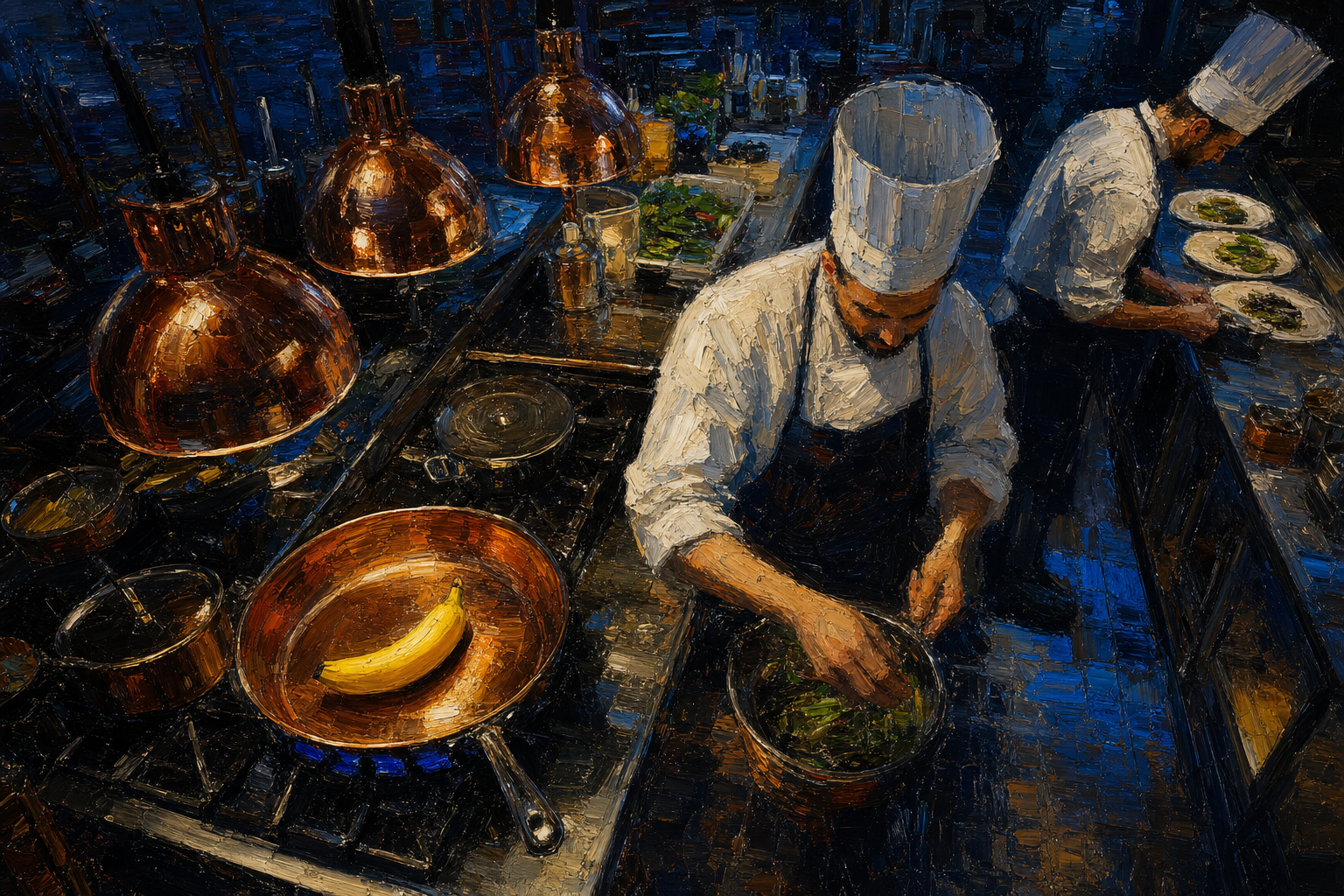 Sous l’éclat cuivre, un bananier secret danse dans la poêle, tandis que l’art culinaire murmure ses chapitres verts et dorés.