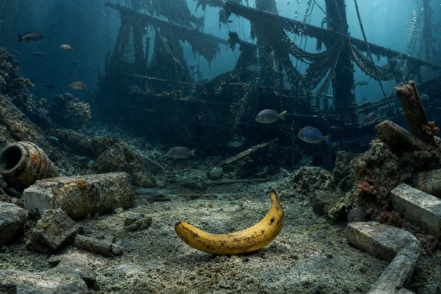 Une banane naufragée, dernier trésor oublié parmi les sirènes d’un navire fantôme, danse avec les poissons dans le silence abyssal.
