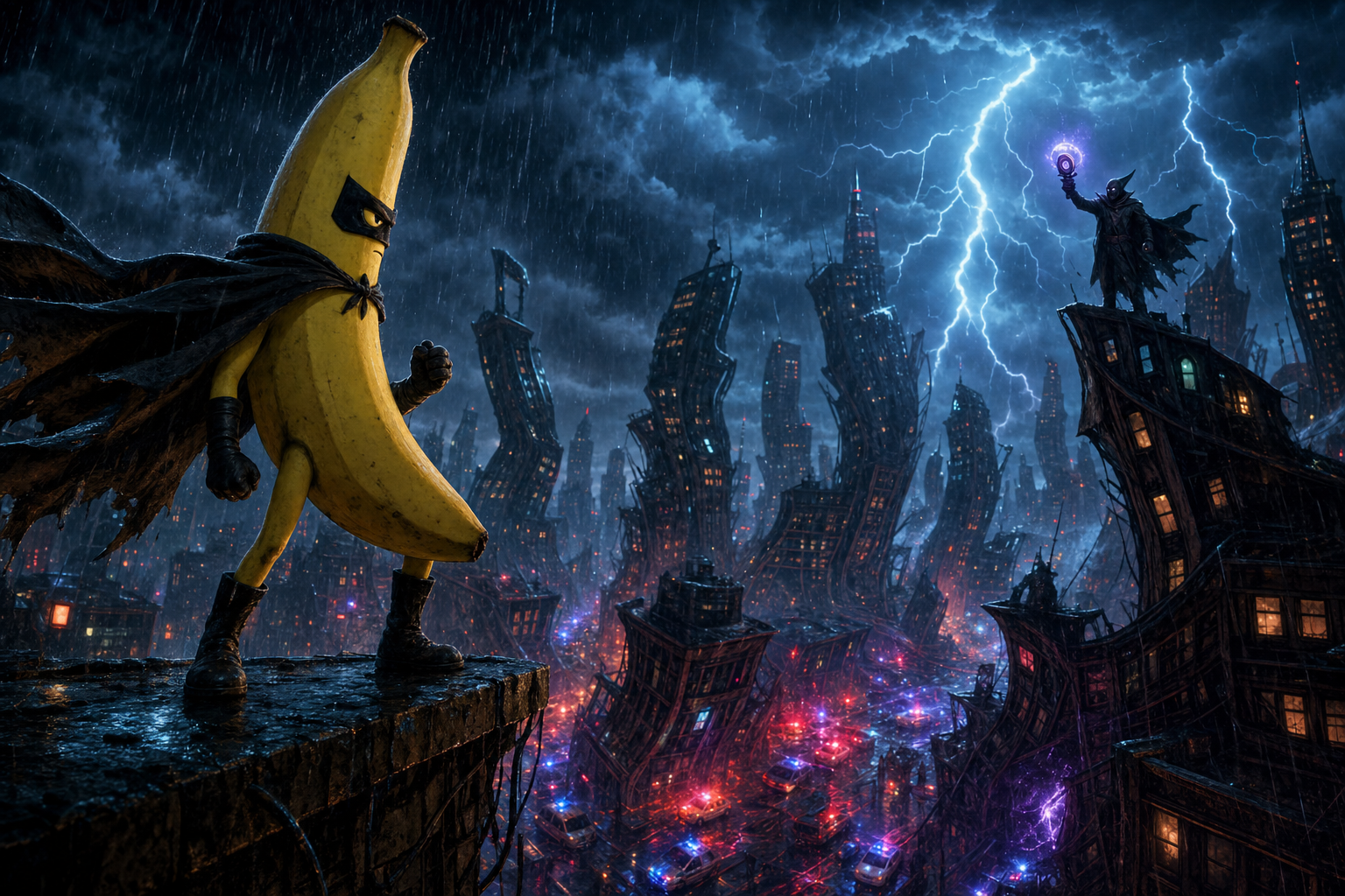 Sous la pluie électrique d’une ville déformée, la banane masquée défie l’obscur sorcier, duel d’ombres et de fruits en cape au crépuscule.