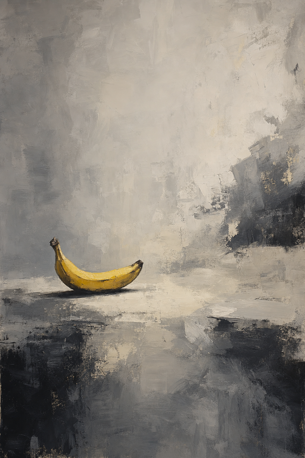 Sous un ciel d'histoires grises, une banane solitaire éclaire le monde d'un sourire jaune, doucement posée entre ombre et lumière.