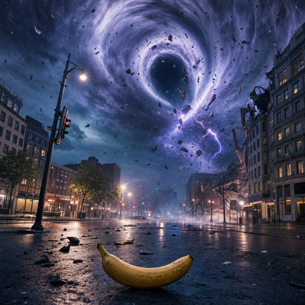 Au cœur du chaos, une banane sourit, défiant l’abîme qui danse et avale la ville dans un souffle cosmique.