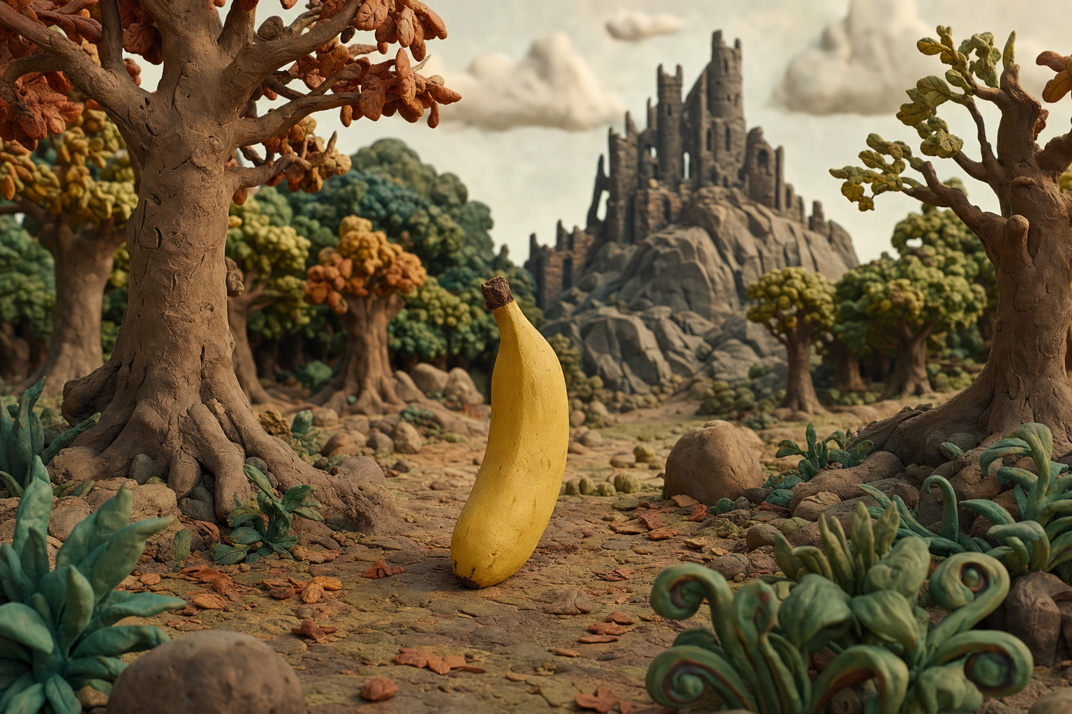 Une banane solitaire, héroïne d’un conte en argile, s’aventure vers un château perdu, entre arbres sages et secrets enfouis sous terre.