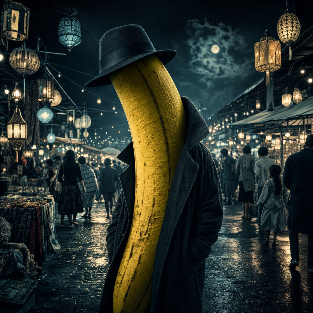 Sous la lune complice, un détective banane arpente les mystères sucrés d’un marché éclatant de lanternes et d’ombres dansantes.