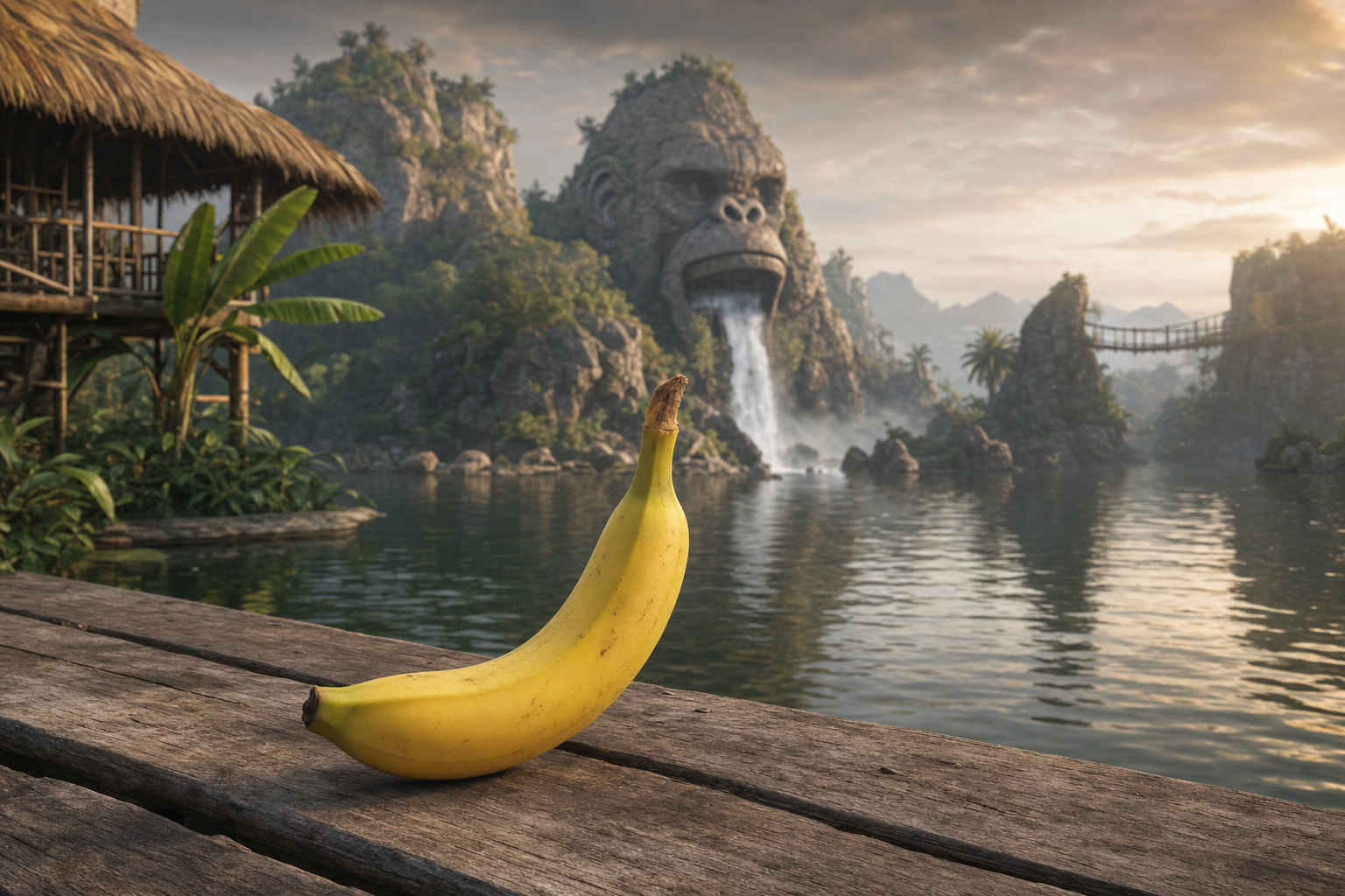 Une banane solitaire médite face au roi de pierre pleurant des cascades, sous le murmure des feuilles et le chant d’un pont suspendu au rêve.